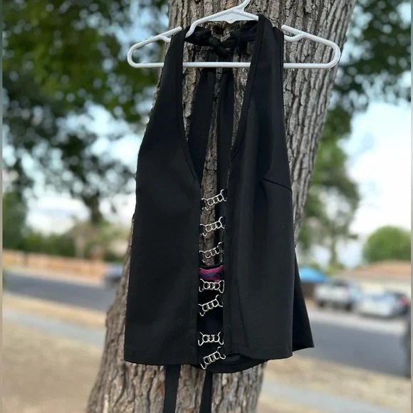 Edikted Goth Grunge Black Halter with Silver Chain Accents - Picture 3 of 7